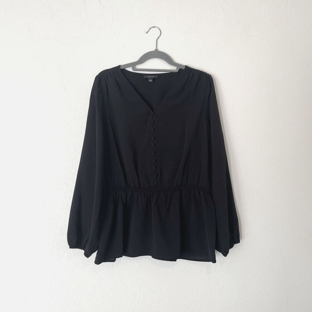 Alfani Smocked Peplum Top Black‎ LARGE Buttons Long Sleeve Office Dressy *READ
